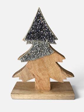 Wood Christmas Tree Décor with Silver Beads & Sequin Holiday Accent